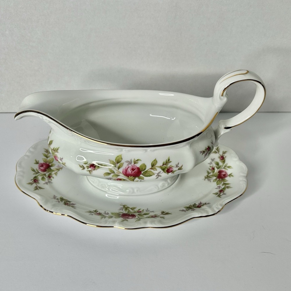 Vintage Johann‎ Haviland Moss Rose Gravy Boat With Attached Under Plate Bavaria
